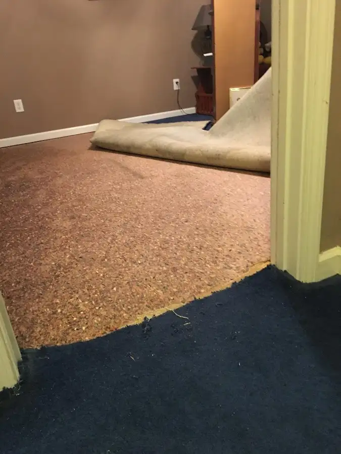 Carpet pad removal revealing water damage during Drying & Dehumidification in Huntington Park
